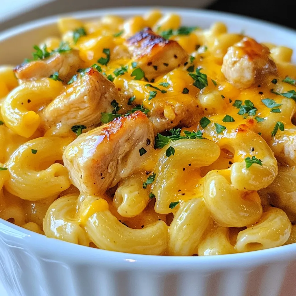 - 2 cups elbow macaroni - 1 lb chicken breast, diced into bite-sized pieces - 3 tablespoons honey - 3 cloves garlic, minced - 4 tablespoons unsalted butter - 2 cups shredded sharp cheddar cheese - 1 cup milk (preferably whole for creaminess) - 1 teaspoon onion powder - 1 teaspoon paprika - Salt and pepper to taste This recipe serves four people. You need two cups of elbow macaroni. For the chicken, one pound is perfect. Use three tablespoons of honey for sweetness. Three cloves of minced garlic add flavor. You will need four tablespoons of unsalted butter, which helps with richness. For cheese, two cups of sharp cheddar create a nice, bold taste. One cup of whole milk gives a creamy texture. Add one teaspoon each of onion powder and paprika for seasoning. Don't forget salt and pepper to taste. Fresh parsley adds a pop of color. Chop it finely and sprinkle on top. You can also add more shredded cheese for extra flavor. A drizzle of honey on top can make it look fancy. Serve with garlic bread for a complete meal. {{ingredient_image_2}} Start by filling a large pot with water. Add a good amount of salt to it. Bring the water to a boil. Once boiling, add 2 cups of elbow macaroni. Cook for about 8-10 minutes, or until al dente. Drain the pasta in a colander and set it aside. This step is key for a perfect base. In a large skillet, melt 2 tablespoons of unsalted butter over medium heat. Once melted, add 1 pound of diced chicken breast. Spread the pieces out to help with even cooking. Season with salt, black pepper, onion powder, and paprika. Cook for 5-7 minutes, stirring often. The chicken should turn golden brown and reach a safe internal temperature of 165°F or 75°C. After the chicken is cooked, add 3 cloves of minced garlic to the skillet. Cook for 1 minute, stirring frequently. This brings out the garlic's great flavor. Next, drizzle 3 tablespoons of honey over the chicken. Stir well to coat each piece in the sweet sauce. Remove the skillet from the heat to keep the flavors fresh. In the same pot used for the pasta, melt the remaining 2 tablespoons of unsalted butter over medium heat. Once the butter is melted, whisk in 1 cup of whole milk. Heat it for about a minute, but do not let it boil. Gradually add 2 cups of shredded sharp cheddar cheese while stirring. Keep stirring until the cheese is fully melted and the sauce is smooth and creamy. Now, gently fold the cooked macaroni and the honey garlic chicken mixture into the cheese sauce. Stir until everything is mixed well and the pasta is fully coated. Cook for another minute to warm everything through. This step brings all the flavors together. Spoon the Honey Garlic Butter Chicken Mac and Cheese into bowls. For a nice touch, sprinkle some chopped parsley on top. You can also add extra shredded cheese and a drizzle of honey for a shiny finish. Serve it with garlic bread on the side for a complete meal. Enjoy your delicious creation! To make your mac and cheese extra creamy, use whole milk. It adds richness that low-fat milk lacks. You can also add a splash of cream for a velvety texture. Stir the cheese in slowly to help it melt smoothly. If the sauce seems thick, add a bit more milk until you reach your desired creaminess. For perfectly cooked chicken, cut your chicken breast into even pieces. This helps them cook at the same rate. Season the chicken well with salt, pepper, onion powder, and paprika. Cook on medium heat until golden brown and 165°F inside. Don’t rush this step; it adds flavor and texture. To elevate the taste, try adding herbs like thyme or rosemary. A splash of hot sauce can bring some heat. You can also sprinkle in some cooked bacon for a smoky flavor. Lastly, top with extra cheese or a drizzle of honey for a sweet finish. These simple additions make a big difference in flavor. Pro Tips Perfectly Cooked Pasta: Always cook your macaroni until al dente. This ensures it retains a nice bite and won't become mushy when mixed with the cheese sauce. Use Fresh Garlic: For the best flavor, use fresh minced garlic instead of garlic powder. It adds a wonderful aroma and taste to the chicken. Cheese Choice Matters: Select a high-quality sharp cheddar cheese for a rich and flavorful cheese sauce. It will enhance the overall taste of your mac and cheese. Garnish for Presentation: Don't skip the fresh parsley! It adds a pop of color and freshness that balances the richness of the dish. {{image_4}} You can add vegetables to your Honey Garlic Butter Chicken Mac and Cheese for extra nutrition. Spinach, broccoli, or peas work well. These veggies add color and flavor. For spinach, stir in a handful just before mixing everything together. For broccoli, steam it lightly, then fold it in. If you prefer peas, add them during the last minute of cooking the pasta. This way, you keep their bright green color and crunch. While sharp cheddar is classic, you can switch it up! Try using mozzarella for a meltier texture. Gruyère adds a nutty taste. If you like blue cheese, it gives a bold flavor. Mix two or more cheeses to create your own blend. Just remember to adjust the amount so it melts well with the milk. For a spicy kick, add sliced jalapeños. You can mix them in with the chicken while cooking. This adds heat and flavor. If you want it less spicy, use pickled jalapeños instead. They bring a tangy taste without too much heat. You can also add some red pepper flakes to the cheese sauce for an extra boost! Store your Honey Garlic Butter Chicken Mac and Cheese in an airtight container. Let it cool down first. This keeps the flavors fresh and prevents sogginess. It’s best to store it in the fridge when not eaten. Enjoy it within three to four days for optimal taste. To reheat, use a microwave or stovetop. If using a microwave, place a serving in a bowl and cover it. Heat for one to two minutes. Stir halfway through for even warmth. If using the stove, add a splash of milk to the pan. Heat on low, stirring until creamy again. You can freeze Honey Garlic Butter Chicken Mac and Cheese. Use a freezer-safe container and leave some space for expansion. It stays good for up to three months. To thaw, move it to the fridge overnight before reheating. This ensures the best taste and texture. Yes, you can use other pasta shapes. Options like penne or fusilli work well. These shapes hold sauce nicely. Just cook them according to the package instructions. To make this dish gluten-free, use gluten-free pasta. Many brands offer great options. Check the labels to ensure they meet your needs. The rest of the ingredients are naturally gluten-free. This dish pairs well with garlic bread or a fresh salad. For a nice touch, add some roasted veggies. You can also serve it with a light soup on the side. Honey Garlic Butter Chicken Mac and Cheese lasts about 3-5 days in the fridge. Store it in an airtight container. Reheat it gently to enjoy the flavors again. Yes, you can prepare this recipe ahead. Cook the components, then combine them before serving. This way, the flavors meld nicely. Just reheat everything when you’re ready to eat. In this post, we explored the key ingredients for a tasty dish and detailed the steps to make it. I shared tips for creaminess and perfect chicken, along with ways to vary the recipe. You learned about storage best practices and answers to common questions. This dish is fun to make, and it can cater to your tastes. Try it out, and don’t hesitate to experiment! You will impress your family and friends with this simple meal, helping you become a kitchen star.