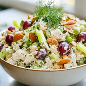 - 2 cups cooked chicken breast, shredded - 1 cup plain Greek yogurt - 1/2 cup celery, finely chopped - 1/2 cup red grapes, halved - 1/4 cup almonds, slivered or chopped - 1/4 cup green onion, thinly sliced - 2 tablespoons Dijon mustard - 1 tablespoon honey - 1 tablespoon fresh lemon juice - Salt and pepper to taste - Fresh dill or parsley leaves for garnish In this Greek yogurt chicken salad, each ingredient plays a key role in flavor and texture. The cooked chicken breast provides a solid protein base. Greek yogurt is a star here, adding creaminess while keeping the dish healthy. I love using finely chopped celery for a nice crunch, and halved red grapes bring a sweet burst. You can customize this salad with optional add-ins. Almonds add a nice crunch, while green onions bring a fresh flavor. The dressing is simple yet flavorful. Mixing Dijon mustard, honey, lemon juice, salt, and pepper with Greek yogurt gives it a tangy taste. Fresh herbs like dill or parsley make it even better. They add color and a fresh aroma, making your dish look as good as it tastes. {{ingredient_image_2}} - Start with a large mixing bowl. - Add 2 cups of shredded chicken. - Next, include 1/2 cup of finely chopped celery. - Toss in 1/2 cup of halved red grapes. - Sprinkle 1/4 cup of slivered or chopped almonds. - Mix gently to combine all these tasty ingredients. - In another bowl, whisk 1 cup of plain Greek yogurt. - Add 2 tablespoons of Dijon mustard for a nice kick. - Include 1 tablespoon of honey for sweetness. - Squeeze in 1 tablespoon of fresh lemon juice. - Season with salt and pepper to taste. - Mix until your dressing is smooth and well blended. - Drizzle the yogurt dressing over the chicken mixture. - Use a spatula to fold the dressing in gently. - Make sure every piece gets coated without over-mixing. - Taste your salad and adjust the seasoning if needed. - You can serve it right away or chill for 30 minutes. - Chilling helps the flavors blend even better! To make your Greek yogurt chicken salad shine, adjust the seasoning. Start with salt and pepper. Mix in a little more if needed. Taste as you go! You can add a pinch of garlic powder or onion powder for more depth. Fresh herbs also boost flavor. Try adding dill or parsley to brighten it up. Presentation makes a big difference. Serve the salad in a chilled bowl. It keeps the salad fresh and cool. For a pop of color, garnish with fresh dill or parsley leaves. You can also serve it on a bed of crisp lettuce. Whole-grain crackers on the side add a nice crunch. Refrigerating your chicken salad before serving enhances the taste. Letting it sit for about 30 minutes allows the flavors to blend. This makes each bite more delicious. The yogurt dressing soaks into the chicken and veggies, making it even better. Trust me, you&rsquo;ll notice the difference! Pro Tips Use Fresh Ingredients: Opt for fresh herbs and vegetables to enhance the flavor and texture of your chicken salad. Adjust the Sweetness: Feel free to modify the amount of honey based on your taste preference or substitute it with maple syrup for a different flavor. Make it Ahead: Prepare your chicken salad a day in advance to allow the flavors to meld together, making it even more delicious. Experiment with Add-ins: Try adding diced apples, cranberries, or even a hint of curry powder for a unique twist on the classic chicken salad. {{image_4}} You can easily change some ingredients in this salad. If you want a dairy-free option, try using a plant-based yogurt. For the chicken, rotisserie chicken is a great time-saver. You can also use canned chicken if you&rsquo;re in a hurry. If nuts aren&rsquo;t your thing, sunflower seeds work well too. Adding herbs or spices can bring new life to your salad. Try mixing in fresh dill or parsley for brightness. If you love a little heat, add a dash of cayenne pepper. For a sweet twist, consider adding chopped apples or dried cranberries. These additions can transform the taste and make it exciting. If you want a lighter version, use low-fat Greek yogurt instead of regular. You can also skip the nuts for a nut-free option. If you&rsquo;re watching your sugar, reduce the honey or use a sugar substitute. These changes keep the salad healthy while still tasting great. To store Greek Yogurt Chicken Salad, place it in a clean, airtight container. This helps keep it fresh. Make sure to seal it tightly to avoid any air getting in. Store it in the fridge right after you make it. This keeps the salad cold and safe to eat. Greek Yogurt Chicken Salad lasts about 3 to 5 days in the fridge. After that, it may lose its taste and texture. Always check for any off smell or changes in color. If you see or smell anything strange, it&rsquo;s best to throw it away. I do not recommend freezing Greek Yogurt Chicken Salad. The yogurt can separate when thawed, which affects the texture. If you have leftovers, it&rsquo;s best to enjoy them fresh within a few days. If you want to prepare it ahead, make the chicken salad and store the dressing separately. Then mix them right before serving for the best results. Yes, you can use rotisserie chicken. It makes prep super easy. Just shred the chicken from the rotisserie and add it to your bowl. This saves time and effort. Plus, rotisserie chicken is juicy and full of flavor. It&rsquo;s a great shortcut for busy days when you want a quick meal. Greek yogurt is often healthier than mayonnaise. It has less fat and fewer calories. Greek yogurt is high in protein, which helps keep you full. It also contains probiotics, which are good for your gut. Using Greek yogurt adds creaminess without the heaviness of mayo. It&rsquo;s a tasty swap that boosts nutrition. You can keep the chicken salad in the fridge for about 3 to 4 days. Make sure to store it in an airtight container. This will help keep it fresh and safe to eat. If you see any changes in color or smell, it&rsquo;s best to toss it. Always practice food safety for a healthy meal. This blog post shared a simple and tasty Greek yogurt chicken salad recipe. You learned about the main ingredients, how to mix them, and how to make your own dressing. I also covered tips for great flavor and ways to store your salad. Remember, you can customize the recipe to your taste or dietary needs. Enjoy your delicious chicken salad, made just how you like it!