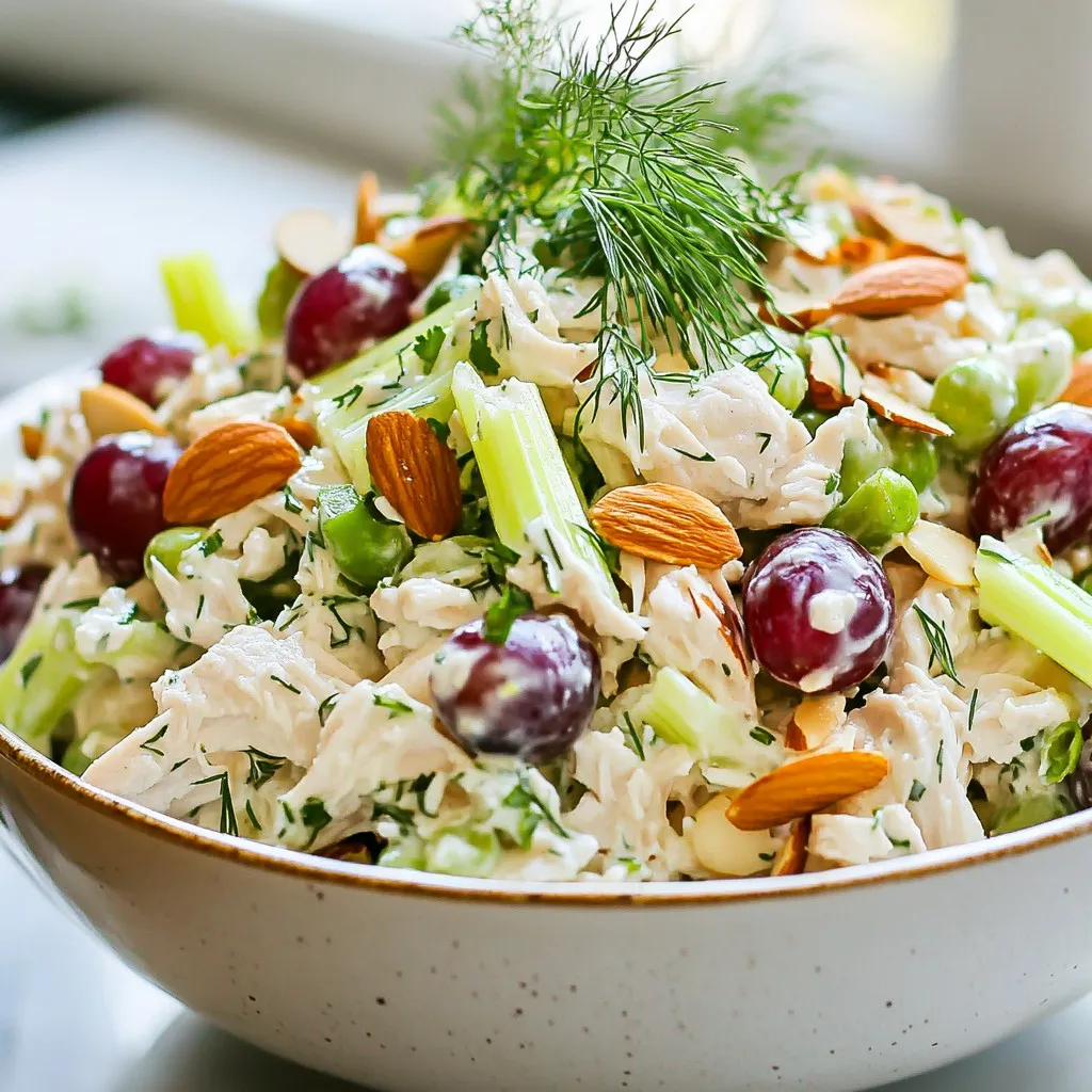 - 2 cups cooked chicken breast, shredded - 1 cup plain Greek yogurt - 1/2 cup celery, finely chopped - 1/2 cup red grapes, halved - 1/4 cup almonds, slivered or chopped - 1/4 cup green onion, thinly sliced - 2 tablespoons Dijon mustard - 1 tablespoon honey - 1 tablespoon fresh lemon juice - Salt and pepper to taste - Fresh dill or parsley leaves for garnish In this Greek yogurt chicken salad, each ingredient plays a key role in flavor and texture. The cooked chicken breast provides a solid protein base. Greek yogurt is a star here, adding creaminess while keeping the dish healthy. I love using finely chopped celery for a nice crunch, and halved red grapes bring a sweet burst. You can customize this salad with optional add-ins. Almonds add a nice crunch, while green onions bring a fresh flavor. The dressing is simple yet flavorful. Mixing Dijon mustard, honey, lemon juice, salt, and pepper with Greek yogurt gives it a tangy taste. Fresh herbs like dill or parsley make it even better. They add color and a fresh aroma, making your dish look as good as it tastes. {{ingredient_image_2}} - Start with a large mixing bowl. - Add 2 cups of shredded chicken. - Next, include 1/2 cup of finely chopped celery. - Toss in 1/2 cup of halved red grapes. - Sprinkle 1/4 cup of slivered or chopped almonds. - Mix gently to combine all these tasty ingredients. - In another bowl, whisk 1 cup of plain Greek yogurt. - Add 2 tablespoons of Dijon mustard for a nice kick. - Include 1 tablespoon of honey for sweetness. - Squeeze in 1 tablespoon of fresh lemon juice. - Season with salt and pepper to taste. - Mix until your dressing is smooth and well blended. - Drizzle the yogurt dressing over the chicken mixture. - Use a spatula to fold the dressing in gently. - Make sure every piece gets coated without over-mixing. - Taste your salad and adjust the seasoning if needed. - You can serve it right away or chill for 30 minutes. - Chilling helps the flavors blend even better! To make your Greek yogurt chicken salad shine, adjust the seasoning. Start with salt and pepper. Mix in a little more if needed. Taste as you go! You can add a pinch of garlic powder or onion powder for more depth. Fresh herbs also boost flavor. Try adding dill or parsley to brighten it up. Presentation makes a big difference. Serve the salad in a chilled bowl. It keeps the salad fresh and cool. For a pop of color, garnish with fresh dill or parsley leaves. You can also serve it on a bed of crisp lettuce. Whole-grain crackers on the side add a nice crunch. Refrigerating your chicken salad before serving enhances the taste. Letting it sit for about 30 minutes allows the flavors to blend. This makes each bite more delicious. The yogurt dressing soaks into the chicken and veggies, making it even better. Trust me, you’ll notice the difference! Pro Tips Use Fresh Ingredients: Opt for fresh herbs and vegetables to enhance the flavor and texture of your chicken salad. Adjust the Sweetness: Feel free to modify the amount of honey based on your taste preference or substitute it with maple syrup for a different flavor. Make it Ahead: Prepare your chicken salad a day in advance to allow the flavors to meld together, making it even more delicious. Experiment with Add-ins: Try adding diced apples, cranberries, or even a hint of curry powder for a unique twist on the classic chicken salad. {{image_4}} You can easily change some ingredients in this salad. If you want a dairy-free option, try using a plant-based yogurt. For the chicken, rotisserie chicken is a great time-saver. You can also use canned chicken if you’re in a hurry. If nuts aren’t your thing, sunflower seeds work well too. Adding herbs or spices can bring new life to your salad. Try mixing in fresh dill or parsley for brightness. If you love a little heat, add a dash of cayenne pepper. For a sweet twist, consider adding chopped apples or dried cranberries. These additions can transform the taste and make it exciting. If you want a lighter version, use low-fat Greek yogurt instead of regular. You can also skip the nuts for a nut-free option. If you’re watching your sugar, reduce the honey or use a sugar substitute. These changes keep the salad healthy while still tasting great. To store Greek Yogurt Chicken Salad, place it in a clean, airtight container. This helps keep it fresh. Make sure to seal it tightly to avoid any air getting in. Store it in the fridge right after you make it. This keeps the salad cold and safe to eat. Greek Yogurt Chicken Salad lasts about 3 to 5 days in the fridge. After that, it may lose its taste and texture. Always check for any off smell or changes in color. If you see or smell anything strange, it’s best to throw it away. I do not recommend freezing Greek Yogurt Chicken Salad. The yogurt can separate when thawed, which affects the texture. If you have leftovers, it’s best to enjoy them fresh within a few days. If you want to prepare it ahead, make the chicken salad and store the dressing separately. Then mix them right before serving for the best results. Yes, you can use rotisserie chicken. It makes prep super easy. Just shred the chicken from the rotisserie and add it to your bowl. This saves time and effort. Plus, rotisserie chicken is juicy and full of flavor. It’s a great shortcut for busy days when you want a quick meal. Greek yogurt is often healthier than mayonnaise. It has less fat and fewer calories. Greek yogurt is high in protein, which helps keep you full. It also contains probiotics, which are good for your gut. Using Greek yogurt adds creaminess without the heaviness of mayo. It’s a tasty swap that boosts nutrition. You can keep the chicken salad in the fridge for about 3 to 4 days. Make sure to store it in an airtight container. This will help keep it fresh and safe to eat. If you see any changes in color or smell, it’s best to toss it. Always practice food safety for a healthy meal. This blog post shared a simple and tasty Greek yogurt chicken salad recipe. You learned about the main ingredients, how to mix them, and how to make your own dressing. I also covered tips for great flavor and ways to store your salad. Remember, you can customize the recipe to your taste or dietary needs. Enjoy your delicious chicken salad, made just how you like it!