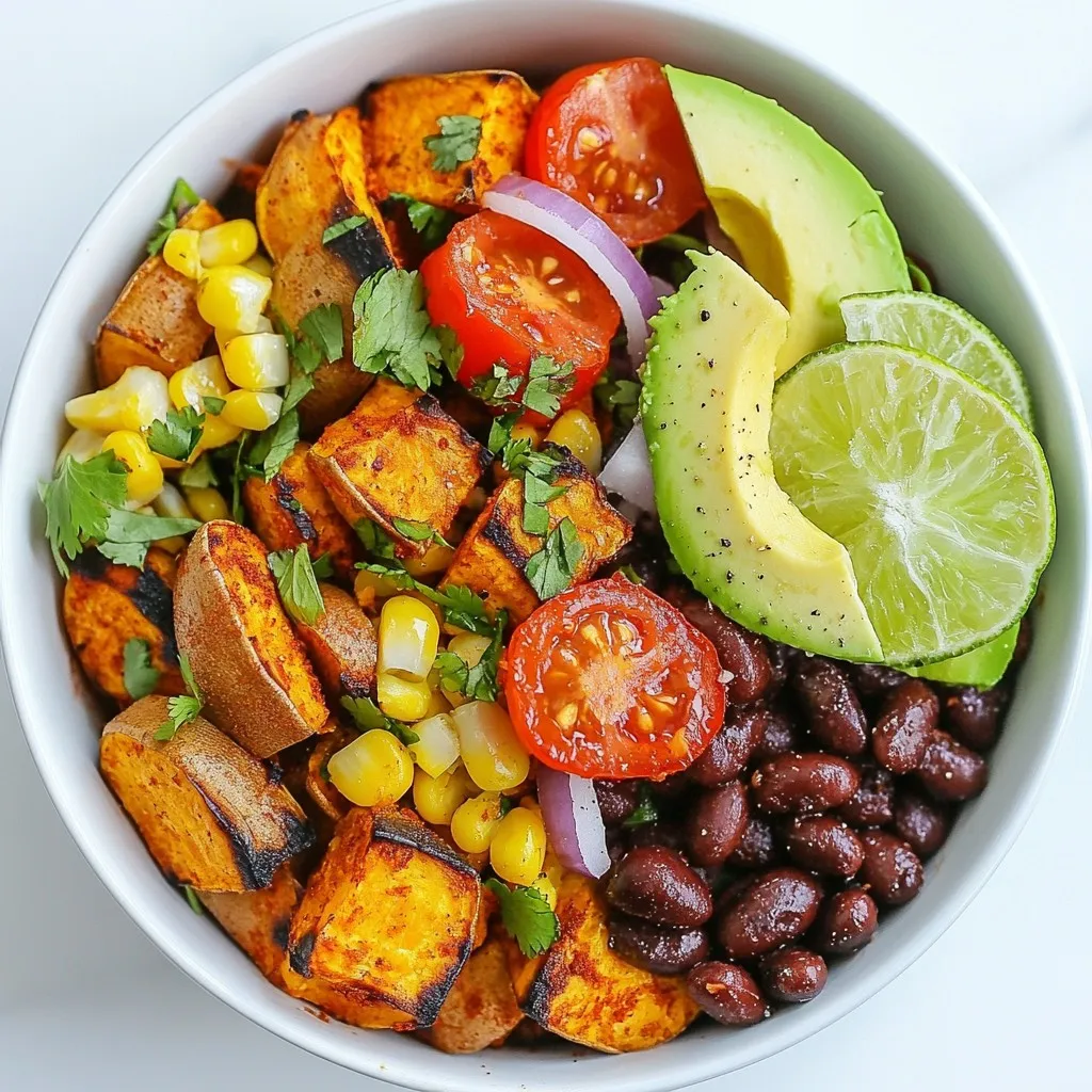 To make sweet potato taco bowls, gather these items: - 2 medium sweet potatoes, peeled and diced - 1 tablespoon extra virgin olive oil - 1 teaspoon smoked paprika - 1 teaspoon ground cumin - 1/2 teaspoon chili powder - Sea salt and freshly ground black pepper to taste - 1 can black beans, thoroughly drained and rinsed - 1 cup corn kernels (fresh or frozen) - 1 ripe avocado, sliced - 1 cup cherry tomatoes, halved - 1 cup red onion, finely diced - Fresh cilantro, roughly chopped (for garnish) - 1 lime, cut into wedges You can adjust or add these ingredients for extra flair: - Sliced jalapeños for heat - Shredded cheese for creaminess - Greek yogurt or sour cream for tang - Quinoa or brown rice for added texture - Different beans like pinto or kidney for variety Each serving of sweet potato taco bowls offers: - Calories: Approximately 350 - Protein: 10g - Carbohydrates: 55g - Fiber: 12g - Fat: 12g These bowls are packed with nutrients, making them a healthy choice. Enjoy vibrant flavors and colors while you nourish your body. {{ingredient_image_2}} First, preheat your oven to 425°F (220°C). This helps the sweet potatoes cook evenly and brown well. Next, peel and dice two medium sweet potatoes into small cubes. In a large bowl, mix the diced sweet potatoes with one tablespoon of extra virgin olive oil. Add one teaspoon of smoked paprika, one teaspoon of ground cumin, and half a teaspoon of chili powder. Sprinkle in sea salt and black pepper to taste. Toss everything until all the sweet potato pieces are coated. Spread the sweet potatoes on a baking sheet in a single layer. Roast them in the oven for about 25-30 minutes. Flip them halfway through to get a golden color on all sides. They are done when they are tender and lightly browned. While the sweet potatoes roast, you can warm up the black beans and corn. Take one can of black beans and drain it well. Rinse the beans to remove excess sodium. In a small saucepan, add the black beans and one cup of corn (you can use fresh or frozen). Heat over medium heat for about 5-7 minutes. Stir occasionally. Make sure they are warm but not mushy. Once the sweet potatoes are done, it is time to build your taco bowls. Start with a base of roasted sweet potatoes in each bowl. Next, add the warmed black beans and corn mixture on top of the sweet potatoes. Now, it’s time for fresh toppings! Slice one ripe avocado and layer it on top. Add juicy halved cherry tomatoes and diced red onion for crunch. Finish each bowl with a sprinkle of fresh cilantro. Just before serving, squeeze fresh lime juice over everything. This adds a burst of flavor that makes each bite delightful. Roasting sweet potatoes is simple and fun. Here’s how to do it right: - Cut Evenly: Dice the sweet potatoes into similar-sized pieces. This helps them cook evenly. - Oil Them Up: Coat the sweet potatoes with olive oil. This adds flavor and helps with browning. - Spice It Up: Use smoked paprika, cumin, and chili powder to add depth. These spices make a sweet and savory mix. - Don’t Crowd the Pan: Spread the sweet potatoes in a single layer. If they touch, they won’t crisp up. - Flip Halfway: Turn the sweet potatoes halfway through cooking. This ensures all sides get that nice caramelization. To make your taco bowls extra tasty, try these tips: - Add More Spice: If you like heat, sprinkle in some cayenne pepper or add jalapeños. - Mix It Up: Experiment with different herbs, like oregano or thyme. These can give your dish a fresh twist. - Citrus Boost: Squeeze lime juice over the finished bowl. This brightens the flavors and adds a zesty touch. - Extra Texture: Consider adding toasted nuts or seeds for a crunchy element. They add a new layer of flavor. How you present your taco bowls can make a big difference: - Layer Smartly: Start with roasted sweet potatoes at the base. This creates a colorful and inviting look. - Add Color: Use bright ingredients like cherry tomatoes and cilantro. Their vibrant colors make the dish pop. - Serve Fresh Lime: Place lime wedges on the side. This invites guests to add their own zing. - Use Fun Bowls: Serve in colorful or unique bowls. This adds a personal touch and makes your meal feel special. Pro Tips Roast Evenly: Ensure sweet potatoes are cut into uniform pieces for even roasting and optimal caramelization. Spice It Up: Feel free to adjust the spice levels according to your taste. Add more chili powder for extra heat! Fresh Ingredients: Using fresh corn and ripe avocados will enhance the flavor and texture of your taco bowls. Meal Prep Friendly: These bowls can be prepped ahead of time. Store components separately and assemble when ready to serve. {{image_4}} You can easily make sweet potato taco bowls vegetarian or vegan. The base is already plant-based, which is great! For a vegan touch, skip any cheese or sour cream. Instead, you can add a dollop of cashew cream or a sprinkle of nutritional yeast for a cheesy flavor. If you have specific dietary needs, you can swap ingredients. For a low-carb option, replace sweet potatoes with cauliflower rice. You can use quinoa or brown rice if you want more fiber. For protein, consider chickpeas instead of black beans. This adds a nice crunch and flavor. You can also take your taco bowls in different flavor directions. For a Mexican twist, add jalapeños or top with salsa. You might sprinkle cotija cheese for a creamy touch. If you prefer Mediterranean flavors, use feta cheese and add olives. You can replace corn with roasted red peppers for a nice contrast. Each twist makes the dish unique! To keep your sweet potato taco bowls fresh, store them in airtight containers. Place the bowls in the fridge. They will stay good for up to three days. Make sure to separate the toppings from the base. This keeps everything fresh and crunchy. When you're ready to enjoy leftovers, reheat them in the oven for best results. Preheat your oven to 350°F (175°C). Place the taco bowl on a baking sheet and cover it with foil. Heat for about 15-20 minutes. This helps keep the sweet potatoes soft and the toppings fresh. You can also use a microwave for faster reheating. Heat in 30-second intervals, stirring in between. To save time during busy weeks, prepare the sweet potatoes and toppings ahead of time. Roast a big batch of sweet potatoes and store them in the fridge. You can also rinse the black beans and corn, then store them together. This way, you can quickly assemble the bowls when you're ready to eat. Consider chopping fresh toppings like avocado and tomatoes in advance. Just remember to keep them in separate containers to maintain freshness. Yes, you can use regular potatoes. They will change the taste and texture. Sweet potatoes are sweeter and creamier. Regular potatoes are more starchy and firmer. You should cut them into small pieces, just like sweet potatoes. Roast them the same way, but check cooking times. They may take longer to cook. You can add many fun toppings! Here are some ideas: - Sour cream or Greek yogurt - Shredded cheese - Jalapeños for heat - Fresh lime juice - Chopped green onions - Sliced radishes - Salsa or pico de gallo - Guacamole Feel free to mix and match. The more colors, the better! This recipe is naturally gluten-free. Just make sure the canned black beans and any toppings you use are gluten-free. Check labels on packaged items to be safe. You can also use corn tortillas instead of bowls for a fun twist! You learned about the key ingredients and steps for making tasty sweet potato taco bowls. We discussed tips for roasting, seasoning, and serving to make your dish shine. You saw how to customize for different diets and flavors. Storage tips help keep your bowls fresh, and FAQs clarify common questions. Now, go ahead and create your own delicious taco bowls. Enjoy the process and share with friends!