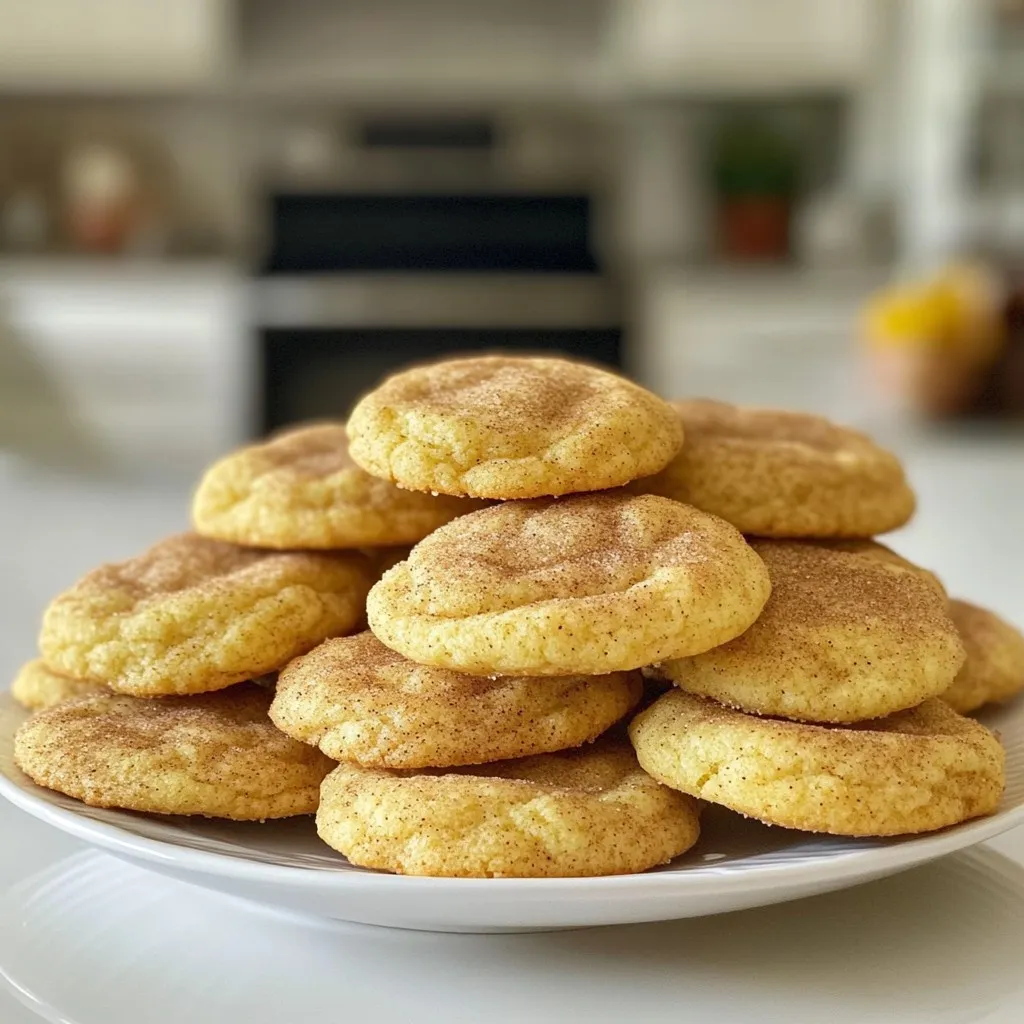 To make soft and chewy snickerdoodle cookies, you need these key ingredients: - 1 cup unsalted butter, softened - 1 ½ cups granulated sugar - 2 large eggs - 1 teaspoon pure vanilla extract - 3 cups all-purpose flour - 2 teaspoons cream of tartar - 1 teaspoon baking soda - ½ teaspoon salt - ¼ cup granulated sugar (for rolling) - 2 tablespoons ground cinnamon (for rolling) These ingredients work together to create that perfect chewy texture. The butter adds richness, while the cream of tartar gives a little tang. The flour helps shape the cookie, and the sugar adds sweetness. You can enhance your snickerdoodle cookies with optional ingredients like: - Nutmeg for warmth - Chopped nuts for crunch - Mini chocolate chips for sweetness Using these optional ingredients can take your cookies to the next level. Just remember to keep the balance of flavors in mind. If you need to swap some ingredients, here are some ideas: - Use coconut oil for butter. - Replace granulated sugar with brown sugar for a deeper flavor. - For a gluten-free option, try almond or oat flour. These substitutions can change the flavor and texture. Experiment and find what works best for you! {{ingredient_image_2}} Start by preheating your oven to 350°F (175°C). Line a baking sheet with parchment paper for easy cleanup. In a large bowl, beat 1 cup of softened butter and 1 ½ cups of granulated sugar. Use an electric mixer for about 2-3 minutes. The mixture should become light and fluffy. Next, add 2 large eggs one at a time. Mix well after each egg. Stir in 1 teaspoon of pure vanilla extract until just combined. In a separate bowl, whisk together 3 cups of all-purpose flour, 2 teaspoons of cream of tartar, 1 teaspoon of baking soda, and ½ teaspoon of salt. Gradually add these dry ingredients to the wet mixture. Mix on low speed or by hand until just combined. Avoid overmixing to keep the cookies soft. In a small bowl, combine ¼ cup of granulated sugar with 2 tablespoons of ground cinnamon. This will be your rolling mixture. Use a cookie scoop or tablespoon to portion the dough. Roll each portion into smooth balls. Next, roll each dough ball in the cinnamon-sugar mixture until fully coated. This adds flavor and a nice crunch to each cookie. Place the rolled dough balls on the prepared baking sheet. Make sure to space them about 2 inches apart. Bake in the preheated oven for 10-12 minutes. The edges should be set, and the tops will have small cracks. Remember, the cookies will firm up as they cool. After baking, let them cool on the sheet for about 5 minutes. Then, transfer them to a wire rack to cool completely. This helps maintain their soft and chewy texture. Enjoy your delicious snickerdoodle cookies with a glass of cold milk! To make your snickerdoodle cookies chewy, focus on a few key steps. First, use room-temperature butter. This helps create a light, fluffy texture. Second, avoid overmixing the dough. Mix just until combined to keep your cookies tender. Third, watch the baking time closely. Take them out when the edges are set but the centers look soft. They continue to cook as they cool. Many home bakers make simple mistakes. One common mistake is using cold butter. This can lead to dense cookies. Another mistake is not measuring flour properly. Too much flour makes cookies dry. Also, don't skip the cream of tartar. It adds that classic snickerdoodle tang. Finally, ensure your oven is preheated. A hot oven ensures even baking. To boost flavor, use high-quality vanilla extract. You can also add a pinch of nutmeg for warmth. For a fun twist, roll the cookies in finely chopped nuts along with the cinnamon-sugar mixture. To make your cookies look great, sprinkle a little extra cinnamon sugar on top right after baking. This adds a beautiful finish and extra flavor. Pro Tips Use Room Temperature Ingredients: Ensure your butter and eggs are at room temperature for a smoother dough and better incorporation of ingredients. Don’t Overmix the Dough: Mix until just combined to keep your cookies soft and chewy. Overmixing can lead to a tougher texture. Chill the Dough (Optional): For extra thick cookies, chill the dough for 30 minutes before rolling. This helps maintain their shape while baking. Adjust Baking Time for Chewy Cookies: For softer cookies, bake them until the edges are set but the centers look slightly underbaked; they will continue to firm up as they cool. {{image_4}} You can make gluten-free snickerdoodle cookies with a few simple swaps. Use a gluten-free flour blend instead of all-purpose flour. Look for one that has a good balance of starch and protein. You may also want to add a bit of xanthan gum to help with texture. Follow the same recipe, and you will have soft and chewy cookies that everyone can enjoy. Want to spice things up? You can add nuts or chocolate chips to your snickerdoodles. Chopped walnuts or pecans give a nice crunch. Chocolate chips add a rich, sweet touch. Just fold in about a cup of your choice of add-ins when you mix the dry ingredients. This variation keeps the chewy texture while adding new flavors. You can customize snickerdoodles to fit any season or mood. For a fun twist, try pumpkin spice snickerdoodles. Just add a tablespoon of pumpkin spice to the dry mix. If you love chocolate, try adding cocoa powder. Replace a third of the flour with cocoa powder for chocolatey goodness. These easy changes can make your cookies unique and exciting! To keep your snickerdoodle cookies soft and chewy, store them properly. Start by letting the cookies cool completely on a wire rack. Once cooled, layer them in an airtight container. Place parchment paper between each layer to avoid sticking. For best taste, enjoy them within a week. If you want to keep them longer, freezing is a great option. Freezing snickerdoodle cookies is simple. First, let them cool after baking. Then, place the cookies in a single layer on a baking sheet. Freeze them for about an hour until firm. After that, transfer the cookies to a freezer bag or an airtight container. Label it with the date. You can freeze them for up to three months and still enjoy their great taste. When you’re ready to eat frozen snickerdoodle cookies, reheating is key. Preheat your oven to 350°F (175°C). Place the cookies on a baking sheet. Heat them for about 5-10 minutes. This warms them up and brings back that soft and chewy texture. Enjoy your cookies with a glass of milk for a perfect treat! To make soft snickerdoodle cookies, focus on two key steps. First, do not overmix the dough. Overmixing can make cookies tough. Mix until just combined, then stop. Second, bake them until just set. They should look slightly underbaked. This keeps them soft as they cool. Yes, you can use brown sugar. Brown sugar adds moisture, making cookies chewier. It also gives a deeper flavor. You can mix half brown and half granulated sugar for a nice balance. Snickerdoodle cookies date back to the 19th century. They likely originated in New England. The name might come from the German word "Schneckennudeln," which means snail noodles. The cookies are known for their cinnamon-sugar coating and soft texture. They became a favorite in American homes. You learned how to make soft and chewy snickerdoodle cookies. We covered essential and optional ingredients, along with tips for the perfect texture. I shared variations for gluten-free options and fun add-ins, plus storage and reheating advice. Baking cookies can be fun and easy. With practice, you can make your own tasty treats. Explore the variations and try new flavors to keep it exciting. Enjoy the journey and happy baking!