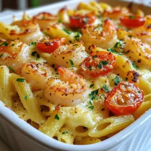 To make a great shrimp scampi pasta bake, you need the right ingredients. Here is what you will need: - 8 oz penne pasta - 1 lb large shrimp, peeled and deveined - 4 cloves garlic, finely minced - 1 cup cherry tomatoes, halved - 1/2 cup low-sodium chicken broth - 1/4 cup freshly squeezed lemon juice - 1/2 teaspoon red pepper flakes - 1 cup shredded mozzarella cheese - 1/4 cup freshly grated Parmesan cheese - 2 tablespoons extra virgin olive oil - Salt and pepper to taste - Fresh parsley for garnish These ingredients blend together to create a rich and tasty dish. The shrimp adds a sweet flavor, while garlic and lemon give it a fresh kick. The cheeses melt beautifully, creating a creamy texture. When combined, these elements make for a meal that everyone will love. Feel free to adjust the amounts based on your taste. If you like more heat, add extra red pepper flakes. Want more veggies? Toss in some spinach or bell peppers. This recipe is flexible, so have fun with it! {{ingredient_image_2}} First, boil water in a large pot. Add salt to the water for flavor. Next, cook the penne pasta according to the package instructions. You want it to be al dente, firm but not hard. After cooking, drain the pasta and let it cool slightly. This step is important so the pasta does not stick together. While the pasta cooks, heat olive oil in a large skillet over medium heat. Add the minced garlic and saut&eacute; for about one minute. This will make your kitchen smell amazing. Next, add the shrimp. Cook for three to four minutes, stirring often. The shrimp will turn pink and opaque when it is done. Then, add the cherry tomatoes, chicken broth, lemon juice, and red pepper flakes. Cook for another two minutes. This helps all the flavors mix well. In a big mixing bowl, combine the cooked penne pasta with the shrimp mixture. Stir gently to blend everything together. Now, season with salt and freshly cracked black pepper to taste. Be careful not to over-season; you can always add more later. Transfer the pasta and shrimp mixture to a greased 9x13 inch baking dish. Spread it out evenly. Now, sprinkle the shredded mozzarella and grated Parmesan cheese over the top. This cheese will melt and create a nice crust. Preheat your oven to 375&deg;F. Bake the dish for 20 to 25 minutes. Look for a bubbly, golden brown top. Once baked, let it cool for a few minutes before serving. Garnish with freshly chopped parsley for a pop of color. Enjoy your savory shrimp scampi pasta bake! To get the best texture in your shrimp scampi pasta bake, focus on cooking the pasta just right. Always cook the penne until it's 'al dente.' This means it should be firm to the bite. Overcooked pasta becomes mushy when baked. For the shrimp, make sure they are cooked until pink and opaque. This takes about 3 to 4 minutes. If they are overcooked, they will be rubbery. Now, let's talk cheese. I love using shredded mozzarella for its melty goodness. You can add some creaminess with ricotta or goat cheese, too. Mixing cheeses can give your dish a unique taste. This pasta bake pairs well with a crisp green salad. A simple mix of lettuce, cucumbers, and a light vinaigrette works great. You can also serve it with garlic bread for a comforting meal. When it comes to presentation, serve it right from the baking dish. This makes it feel warm and inviting. Top it with fresh parsley for color. A slice of lemon on the side adds a nice touch. It gives your guests a chance to add a zesty kick if they want. Enjoy! Pro Tips Perfectly Cooked Pasta: Always cook your pasta a minute or two less than the package instructions recommend, as it will continue cooking in the oven. Fresh Shrimp: For the best flavor, use fresh, high-quality shrimp. If using frozen, ensure they are completely thawed and patted dry before cooking. Cheese Variations: Feel free to mix different types of cheese, like fontina or cheddar, for a unique flavor profile that complements the shrimp. Make Ahead: This dish can be prepared a day in advance. Assemble it, cover, and refrigerate until ready to bake; simply add a few extra minutes to the baking time. {{image_4}} You can switch up the pasta for this dish. Instead of penne, try using rotini, fusilli, or even gluten-free pasta. Each type will bring a unique texture. If you have dietary needs, you can make this dish lighter. Use zucchini noodles for a low-carb option. For a vegan version, swap shrimp for mushrooms or chickpeas. You can also use vegan cheese to keep the creamy taste. Adding veggies can boost this dish. Consider bell peppers, spinach, or broccoli for color and nutrients. You can saut&eacute; them with the garlic for added flavor. Herbs like basil or oregano can enhance the taste. Add them fresh or dried in the shrimp mixture for a fragrant kick. If you like heat, adjust the spice level. Add more red pepper flakes for a punch or toss in some diced jalape&ntilde;os. You can also use a pinch of cayenne pepper for extra warmth. To keep your shrimp scampi pasta bake fresh, follow these tips for storage: - Refrigeration: Let the dish cool for about 30 minutes after baking. Cover it tightly with plastic wrap or foil. Store it in the fridge for up to 3 days. Make sure the fridge is at or below 40&deg;F (4&deg;C) to keep it safe. - Freezing: If you wish to freeze the dish, let it cool fully first. Use an airtight container or heavy-duty freezer bag. It can stay frozen for up to 2 months. Just remember to label it with the date. To enjoy your leftovers, reheating is key. Here are the best methods: - Oven Method: Preheat your oven to 350&deg;F (175&deg;C). Place the pasta bake in an oven-safe dish. Cover it with foil to keep moisture in. Heat for about 20-25 minutes, or until warm throughout. - Microwave Method: If you're in a hurry, use the microwave. Place a portion on a microwave-safe plate. Cover it with a damp paper towel to keep it moist. Heat on medium power for about 2-3 minutes, stirring halfway through to ensure even heating. These methods will help keep your shrimp scampi pasta bake tasty and ready to eat! Can I use frozen shrimp? Yes, you can use frozen shrimp. Just thaw them first. Place them in cold water for about 15 minutes. Then, pat them dry before cooking. This keeps your scampi tasty and fresh. How can I make this dish ahead of time? You can prepare the dish a day before. Cook the pasta and the shrimp mixture. Allow them to cool and mix them. Place everything in the baking dish, cover it, and store it in the fridge. When you are ready, bake it straight from the fridge. You may need to add a few extra minutes to the bake time. What can I serve with Shrimp Scampi Pasta Bake? This dish pairs well with a crisp green salad. You can also serve garlic bread on the side. A slice of lemon adds a nice touch too! How do I know when it&rsquo;s done baking? Check the top of the pasta bake. It should be golden brown and bubbly. The cheese will look melted and delicious. If you want, you can insert a fork to check if it's hot inside. This blog post guides you through making a delicious Shrimp Scampi Pasta Bake. I covered ingredients, step-by-step cooking, and tips to help you succeed. Remember, cooking is fun, and you can tweak the recipe as you like. Use different cheeses or adjust spice levels to fit your taste. With the right storage and reheating tips, enjoy this meal even days later. Happy cooking!