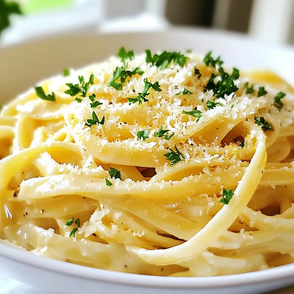 To make this tasty dish, you need just a few key items: - 12 oz fettuccine or spaghetti pasta - 4 tablespoons unsalted butter - 6 cloves garlic, minced - 1 cup heavy cream - 1 cup grated Parmesan cheese - Salt and black pepper, to taste These ingredients create a rich and creamy sauce that pairs perfectly with your pasta. If you want to kick up the flavor, consider adding: - 1/2 teaspoon red pepper flakes (for heat) - Fresh parsley, chopped (for garnish) - Zest of 1 lemon These additions bring brightness and a bit of spice to the dish. You can easily swap some ingredients for different flavors or dietary needs: - Use whole wheat pasta for added fiber. - Try olive oil instead of butter for a lighter sauce. - Replace heavy cream with coconut milk for a dairy-free option. - Use nutritional yeast in place of Parmesan for a vegan twist. These substitutions can help you tailor the dish to your taste or dietary needs. {{ingredient_image_2}} Start by filling a large pot with water. Add a good amount of salt to it. Bring the water to a boil. Once it bubbles, add 12 ounces of fettuccine or spaghetti. Cook it for about 8 to 10 minutes. You want it to be al dente, which means it'll have a little bite. Before draining, save one cup of the pasta water. Then, drain the rest and set the pasta aside. In a large skillet, melt 4 tablespoons of unsalted butter over medium heat. Once it melts, add 6 minced cloves of garlic. Stir it for 1 to 2 minutes. You want the garlic to smell good and turn light golden. Be careful not to let it burn; burnt garlic can taste bitter. Next, slowly pour in 1 cup of heavy cream. Stir it while you pour. Let the mix come to a gentle simmer. Cook it for 3 to 5 minutes until it thickens a bit. Stir it now and then to keep it smooth. Add 1 cup of grated Parmesan cheese to the skillet. Whisk it while it melts. If the sauce is too thick, mix in a bit of the reserved pasta water. Then, add 1/2 teaspoon of red pepper flakes if you want heat, along with salt and black pepper to taste. Lastly, stir in the zest of 1 lemon for a bright flavor. Now, add the drained pasta into the skillet. Gently toss it in the creamy sauce until it's fully coated. Heat it for another minute to blend all the flavors well. Remove the skillet from the heat when done. Serve the pasta in bowls. Top with chopped fresh parsley and extra Parmesan cheese if you like. For a nice touch, serve it with lemon wedges on the side. This will add color and enhance the flavor. Enjoy your delicious dish! To make great pasta, start with plenty of water. This helps the pasta cook evenly. Use a large pot and add a lot of salt. The salt adds flavor. Bring the water to a rolling boil before adding your pasta. For fettuccine or spaghetti, cook for 8 to 10 minutes. Check for al dente by tasting a piece. It should be firm but not hard. Reserve one cup of the cooking water; it’s great for adjusting your sauce later. For a richer taste, use fresh garlic. Mince six cloves and sauté them in butter. This gives a nice, aromatic base. Adding red pepper flakes can bring heat, but it’s optional. Lemon zest brightens the dish, adding a fresh note. Always taste your sauce before serving. Adjust salt and pepper to your liking. Fresh parsley also adds a pop of color and flavor when you sprinkle it on top. One common mistake is overcooking the pasta. Always aim for al dente. Another issue is burning the garlic. Sauté it only until it’s fragrant and lightly golden. If it turns brown, it will taste bitter. Avoid adding too much cheese at once; it can clump. Gradually whisk it in for a smooth sauce. Lastly, don’t skip reserving pasta water. It helps to create the perfect sauce consistency. Pro Tips Use Fresh Garlic: Freshly minced garlic will provide a more robust flavor compared to pre-minced garlic. Always opt for fresh for the best taste. Reserve Pasta Water: Always reserve some pasta cooking water before draining. This starchy water can help adjust the sauce's consistency and enhance its creaminess. Grate Your Own Cheese: Pre-grated Parmesan often contains anti-caking agents that can affect melting. Grating your own cheese will yield a smoother, creamier sauce. Let It Rest: Allowing the pasta to sit for a minute after mixing with the sauce will help the flavors meld together, resulting in a more delicious dish. {{image_4}} You can easily make this pasta dish heartier by adding protein. Chicken is a great choice. Simply cook diced chicken in the skillet before adding garlic. Shrimp works well too. Sauté the shrimp until pink, then add garlic. Both options give the dish more flavor and nutrition. Adding veggies can make this meal healthier. Spinach is a fantastic option. Toss in fresh spinach right after adding the pasta. It wilts down nicely. You can also add cherry tomatoes or broccoli. Cook them briefly in the garlic butter before adding the cream for extra taste. For a dairy-free version, replace heavy cream with coconut milk. It adds a nice richness. Nutritional yeast can replace Parmesan cheese for a cheesy flavor. Use vegan butter instead of regular butter. This way, everyone can enjoy this creamy pasta dish, no matter their diet. Store your leftover Garlic Parmesan Pasta in a sealed container. Let the pasta cool first. It stays fresh for about three days in the fridge. If you want to keep it longer, freezing is a great option. To reheat, place the pasta in a skillet over medium heat. Add a splash of water or cream to help it get creamy again. Stir often until it is warmed through. You can also use the microwave. Just heat in short bursts, stirring in between. If you want to freeze the pasta, do this before adding any fresh parsley. Place it in an airtight container or freezer bag. It can last for up to three months in the freezer. When you’re ready to eat, thaw it in the fridge overnight before reheating. You can use whole milk or half-and-half. For a lighter option, use Greek yogurt. Both will still create a creamy sauce. If you want a dairy-free swap, try coconut milk or cashew cream. They add richness and flavor. Add red pepper flakes for heat. Start with 1/2 teaspoon and adjust to your taste. You can also add diced jalapeños or hot sauce for an extra kick. Mix them in with the garlic for the best flavor. Yes! Fettuccine and spaghetti work well, but you can use any pasta. Penne, rigatoni, or even gluten-free pasta are great choices. Just adjust cooking times according to the package instructions. Serve this pasta with a fresh salad or garlic bread. A side of steamed vegetables like broccoli or asparagus pairs nicely too. For protein, grilled chicken or shrimp make excellent additions. If your sauce is thick, add pasta cooking water. Start with a tablespoon and stir well. Keep adding until you reach your desired consistency. You can also mix in more heavy cream or milk if needed. This blog post covered how to make Garlic Parmesan Pasta. You learned about key ingredients, like garlic and cheese. You also found tips to avoid mistakes and make it your own. Remember, cooking is all about experimenting. Feel free to change the recipe using your favorite flavors. Whether you add protein, veggies, or go dairy-free, the options are endless. Enjoy creating and sharing this easy dish!